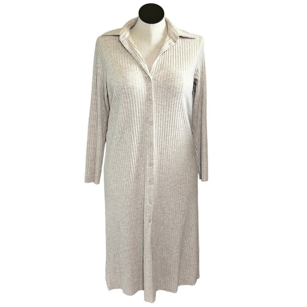 HM Womens Beige Ribbed Knit Button Down Midi Dress Long Sleeve Collared Size L